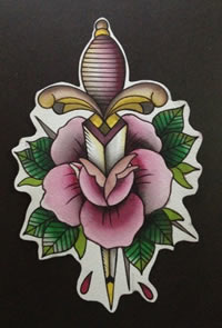 一款潮流经典的school风格的匕首与玫瑰花纹身图案