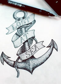 一款流行的超酷的点刺船锚纹身图案