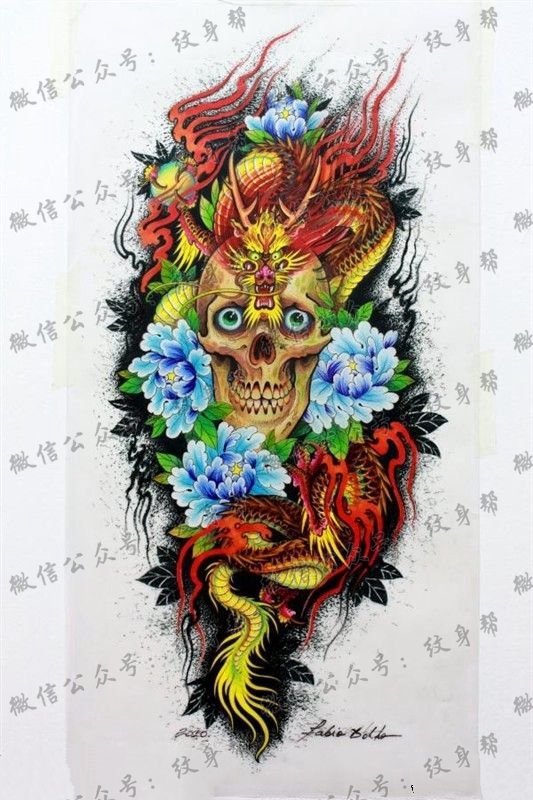 一款经典超帅色传统龙与骷髅纹身图案