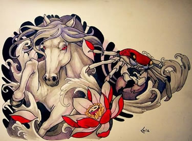 一款经典潮流的马与螃蟹纹身手稿