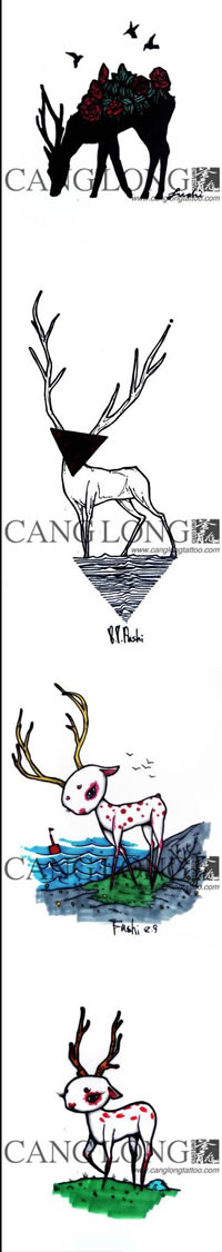 一组潮流时尚的小鹿纹身手稿