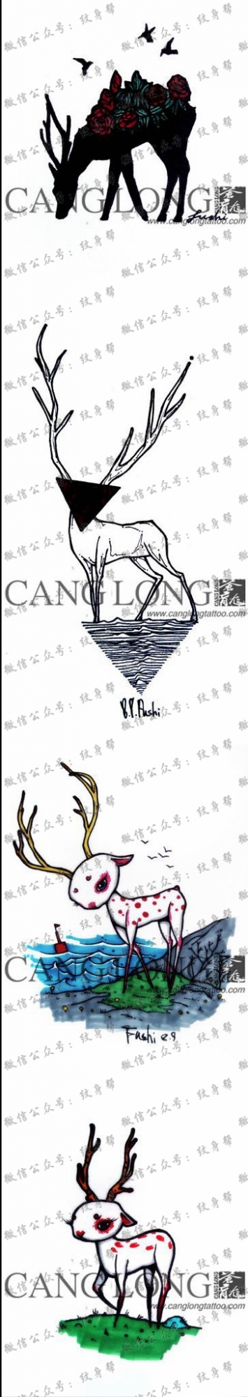 一组潮流时尚的小鹿纹身手稿