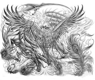 一款时尚超帅的欧美龙与凤凰纹身手稿