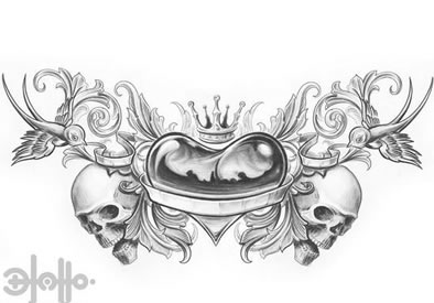 一款超酷经典的爱心皇冠纹身手稿