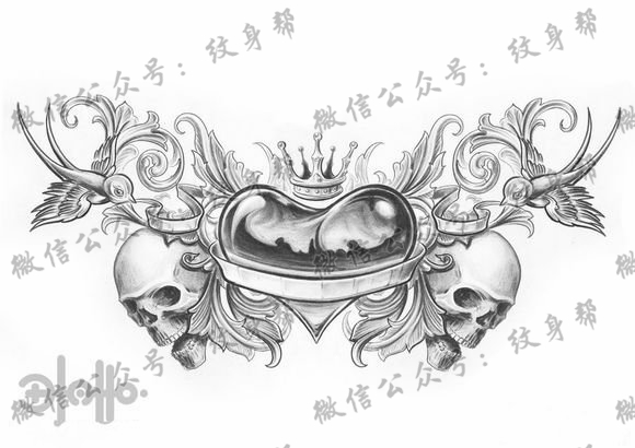 一款超酷经典的爱心皇冠纹身手稿