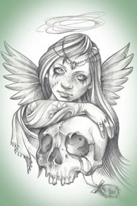 一款精美潮流的欧美亡灵装天使纹身图案