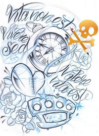 一款潮流时尚的怀表爱心拳刺纹身手稿