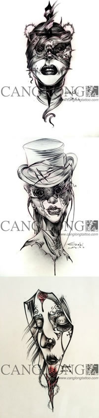 一组潮流另类的亡灵装美女纹身手稿