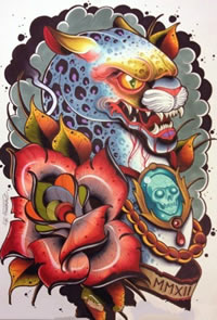 一款帅气很酷的豹子与玫瑰花纹身手稿