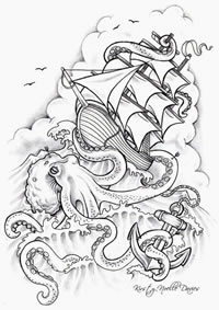 一款经典潮流的章鱼与帆船纹身图案