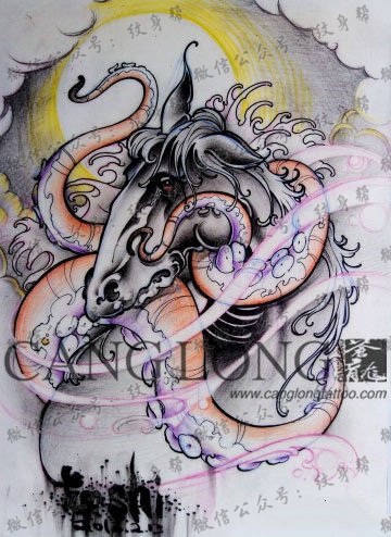 一款潮流时尚的马与章鱼纹身图案