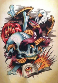 一款很酷帅气的蛇老鹰骷髅纹身手稿