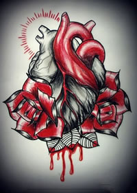 一组潮流经典的心脏玫瑰纹身手稿