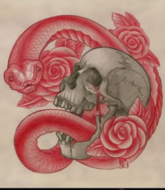 经典很酷的一款蛇与骷髅纹身手稿