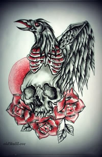 一款很酷潮流的乌鸦与骷髅纹身手稿