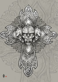 时尚很酷的一款十字架与骷髅纹身手稿