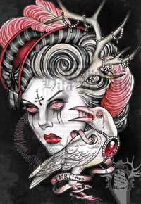 一款另类很酷的欧美美女与乌鸦纹身手稿