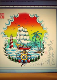 一款很酷时尚的帆船灯塔纹身手稿