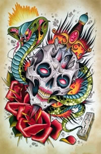 时尚很酷的一款骷髅眼镜蛇匕首纹身手稿