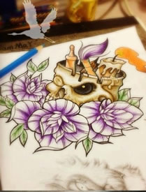 一款时尚很酷的骷髅花朵纹身图案