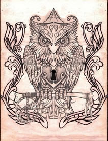 时尚经典的一款黑灰猫头鹰纹身手稿