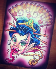 潮流很酷的一款艺妓纹身手稿