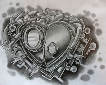 潮流经典的一款机械爱心纹身图案