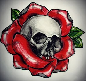 另类很酷的一款骷髅与玫瑰纹身手稿