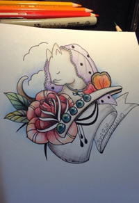 可爱潮流的一款猫咪与玫瑰花纹身手稿