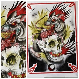 一款另类很酷的骷髅与老鼠纹身手稿