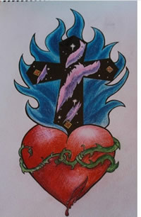 时尚潮流的一款爱心十字架纹身手稿