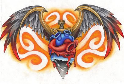 潮流很帅的一款宝剑心脏翅膀纹身图案