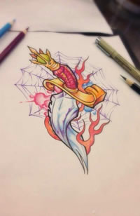 潮流很帅的一款匕首纹身手稿