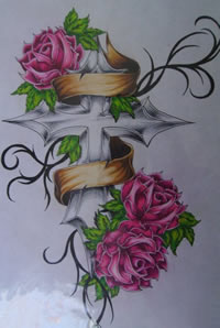 一款潮流时尚的十字架与玫瑰纹身手稿