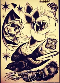 一组潮流经典的骷髅燕子玫瑰纹身手稿