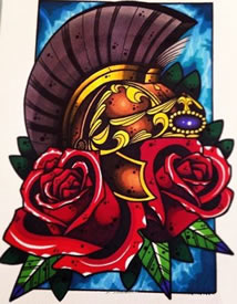 潮流经典的一款头盔玫瑰花纹身手稿