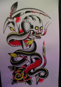 时尚很酷的一款蛇与死神镰刀纹身图案
