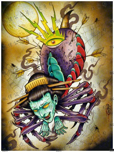 一款经典很酷的蜘蛛精纹身手稿