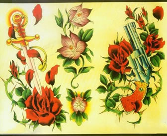 潮流时尚的一组匕首手枪玫瑰纹身手稿