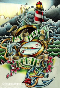 一款时尚经典的灯塔船锚指南针纹身手稿