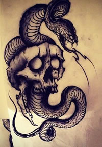 帅气潮流的一款骷髅与蛇纹身手稿