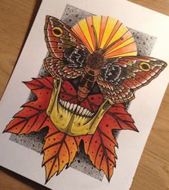 时尚潮流的一款蝴蝶骷髅枫叶纹身图案