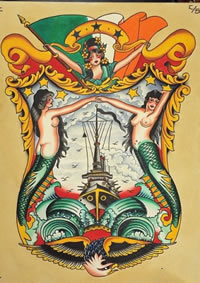 潮流经典的一款满背轮船美人鱼纹身手稿