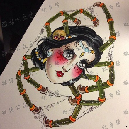 另类很帅的一款蜘蛛精纹身图案