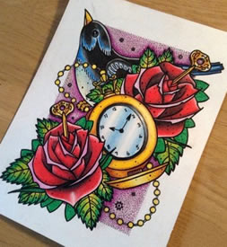 唯美时尚的怀表玫瑰纹身手稿