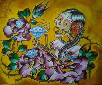 潮流精美的骷髅钻石花卉纹身手稿