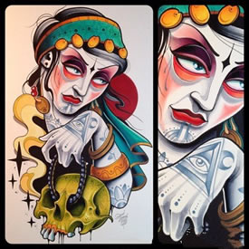 潮流很酷的school风格的美女纹身手稿