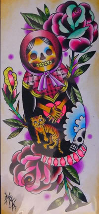 时尚经典的一款不倒翁玫瑰花纹身手稿