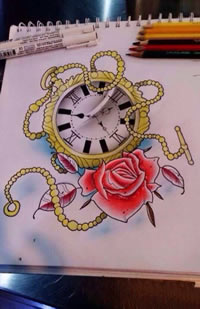 时尚潮流的一款怀表玫瑰花纹身手稿