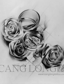 一组精美时尚的指南针玫瑰花纹身手稿
